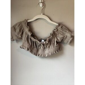 Mabel Size S Top Off Shoulder Ruffled Crop Taupe